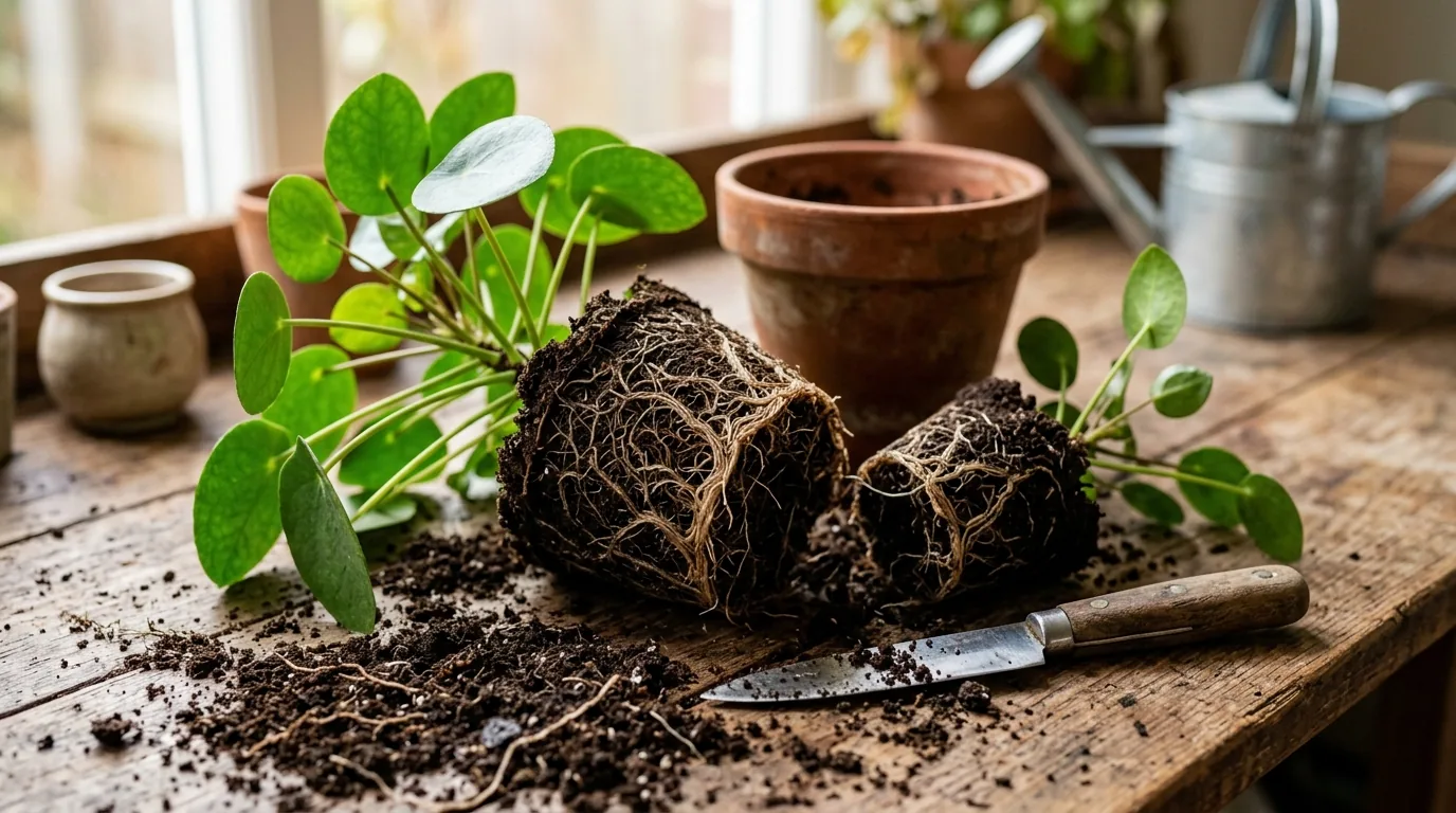 Torrão de planta dividido em duas partes com faca sobre mesa de madeira, propagação por divisão