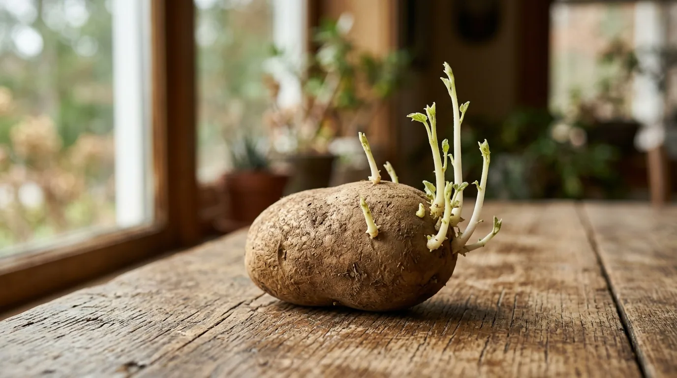 Batata brotando vários brotos verdes dos olhos sobre mesa de madeira, reprodução por tubérculo