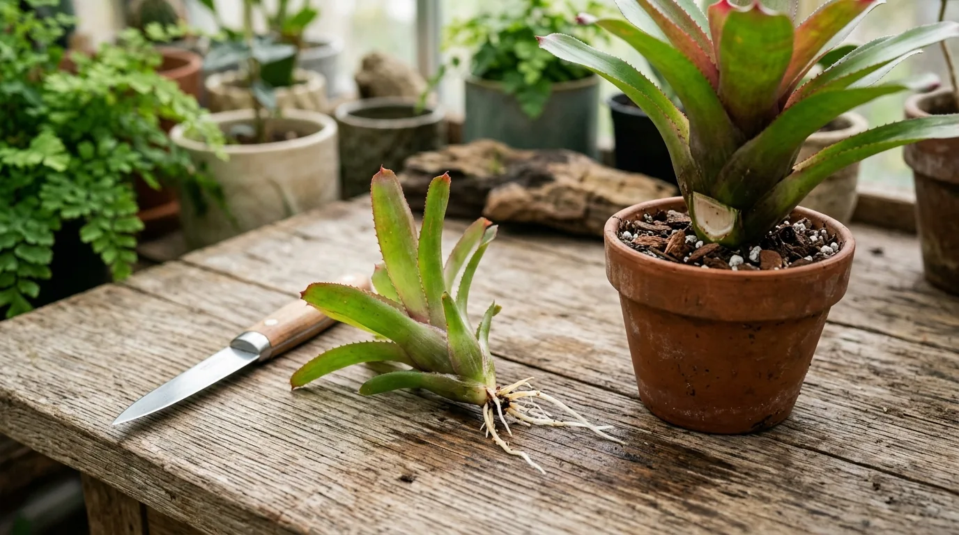 Filhote de bromélia com raízes ao lado da planta mãe e uma faca, divisão da touceira