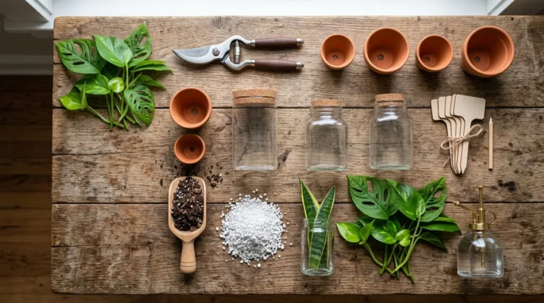 Kit essencial para fazer mudas em casa disposto na mesa: tesoura de poda, vasos, substrato e jarros