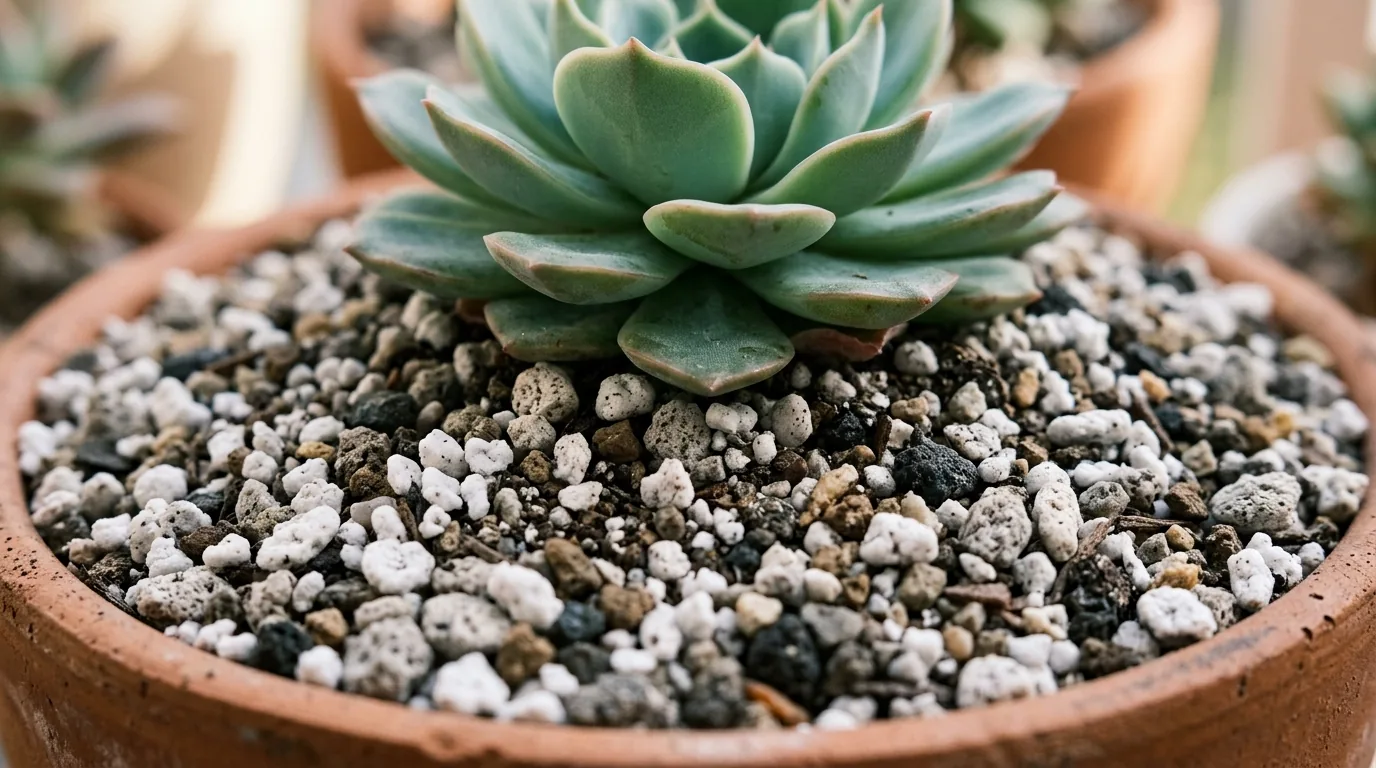 Macro do substrato granulado com perlita e pedra ao redor da base de uma suculenta em vaso de barro