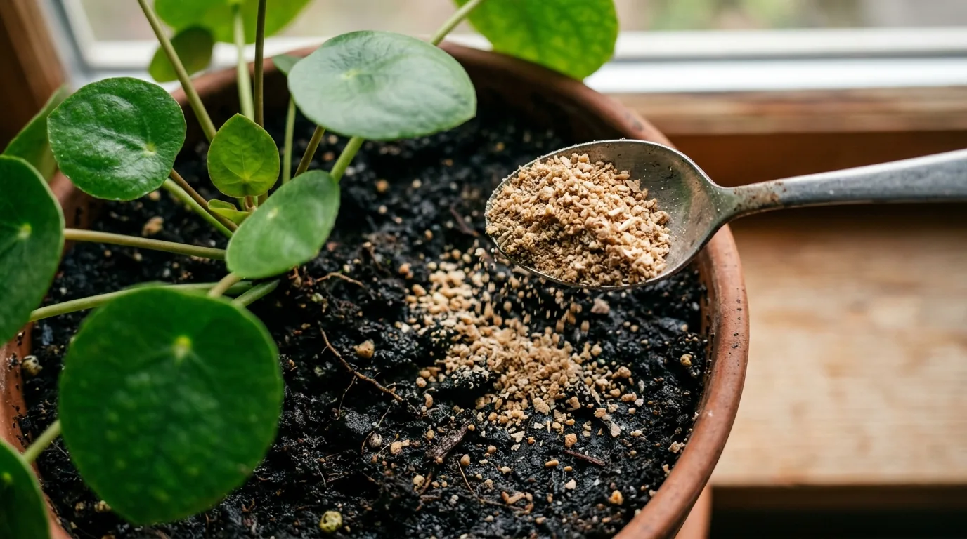 Colher de farelo de bokashi espalhada sobre a terra escura de uma planta em vaso