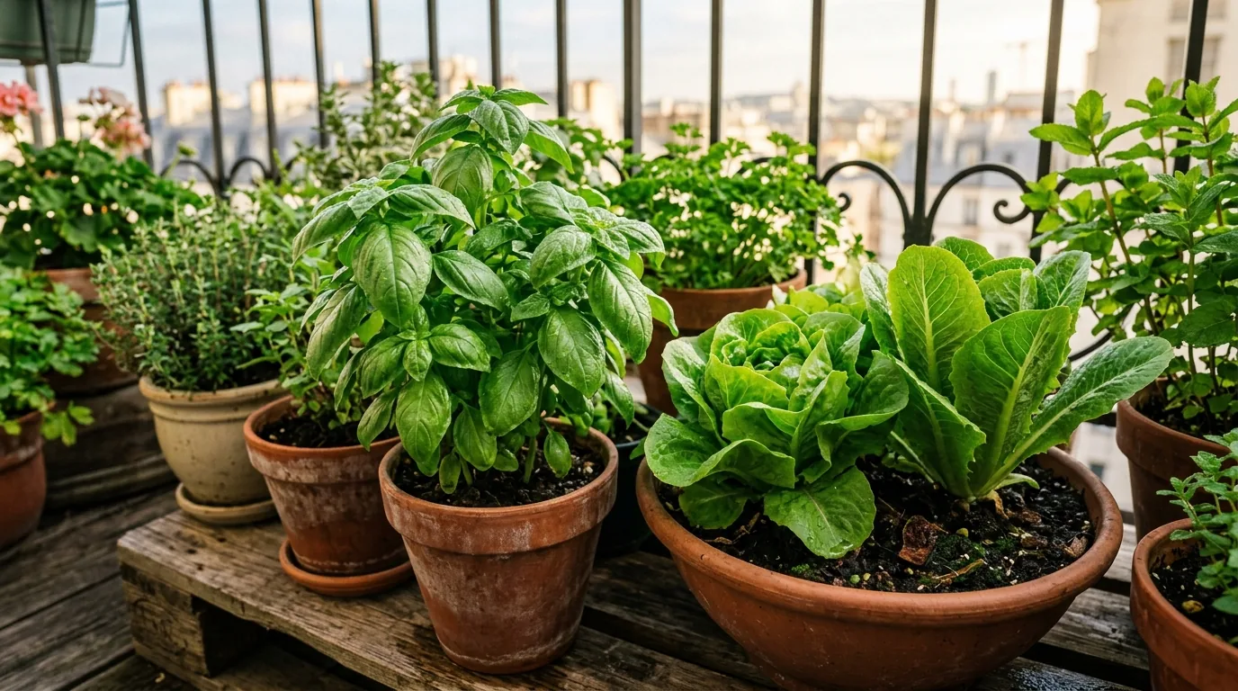Ervas e hortaliças verdes e vigorosas em vasos com terra rica na varanda
