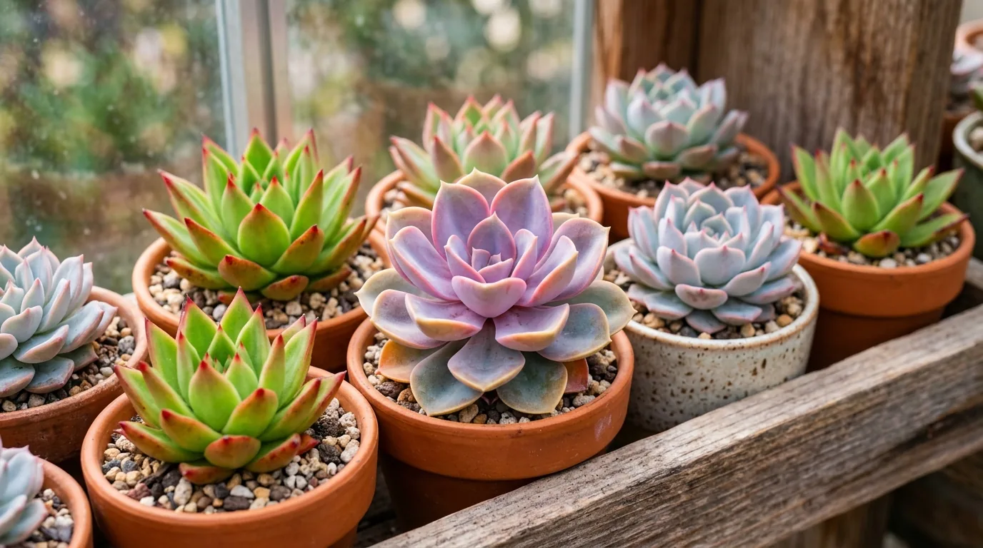 Suculentas echeveria coloridas e compactas em vasos, bem nutridas