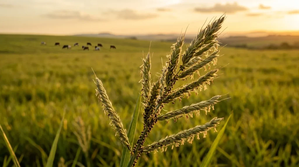 Espigas de braquiária em pastagem tropical ao entardecer, capim que se reproduz por apomixia