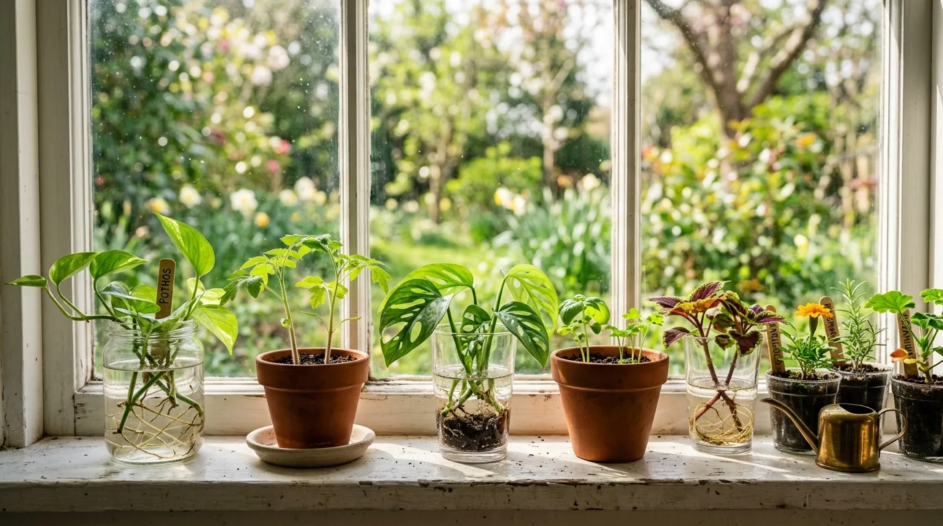 Estacas e mudas na janela ensolarada da primavera, com crescimento novo