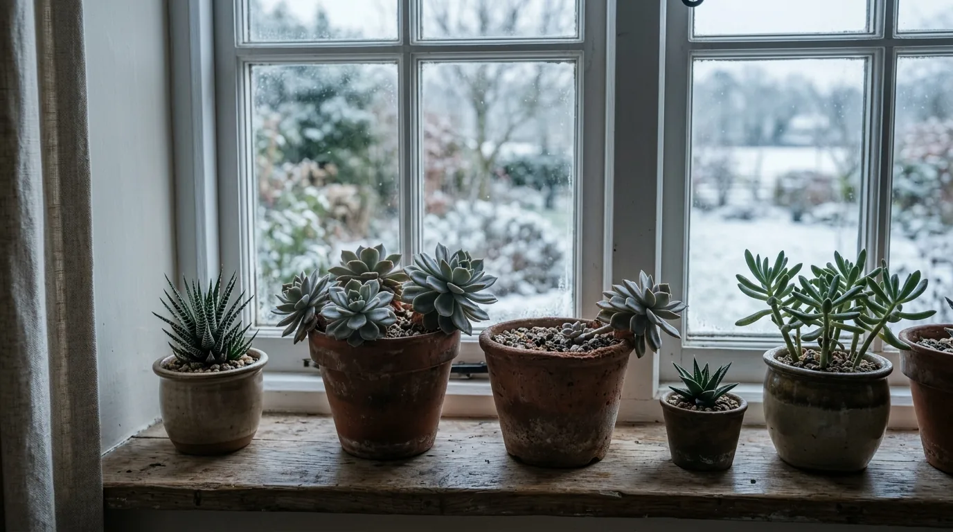 Suculentas e plantas em repouso na janela sob a luz fria do inverno