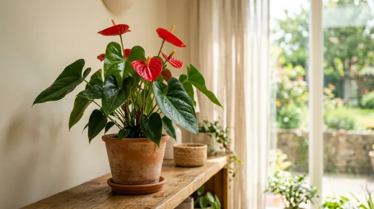 Antúrio em vaso com folhas verdes brilhantes e flores vermelhas em formato de coração