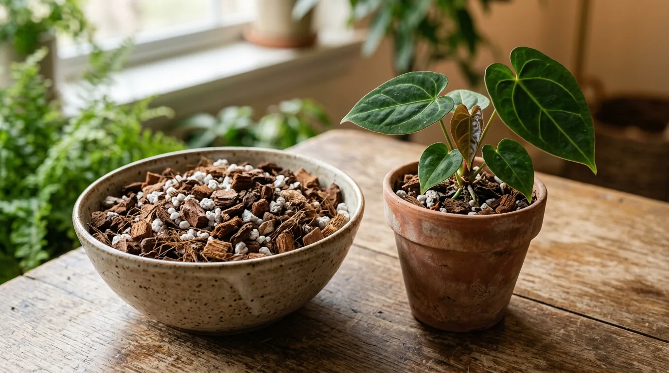 Substrato arejado de fibra de coco e perlita ao lado de uma muda de antúrio em vaso