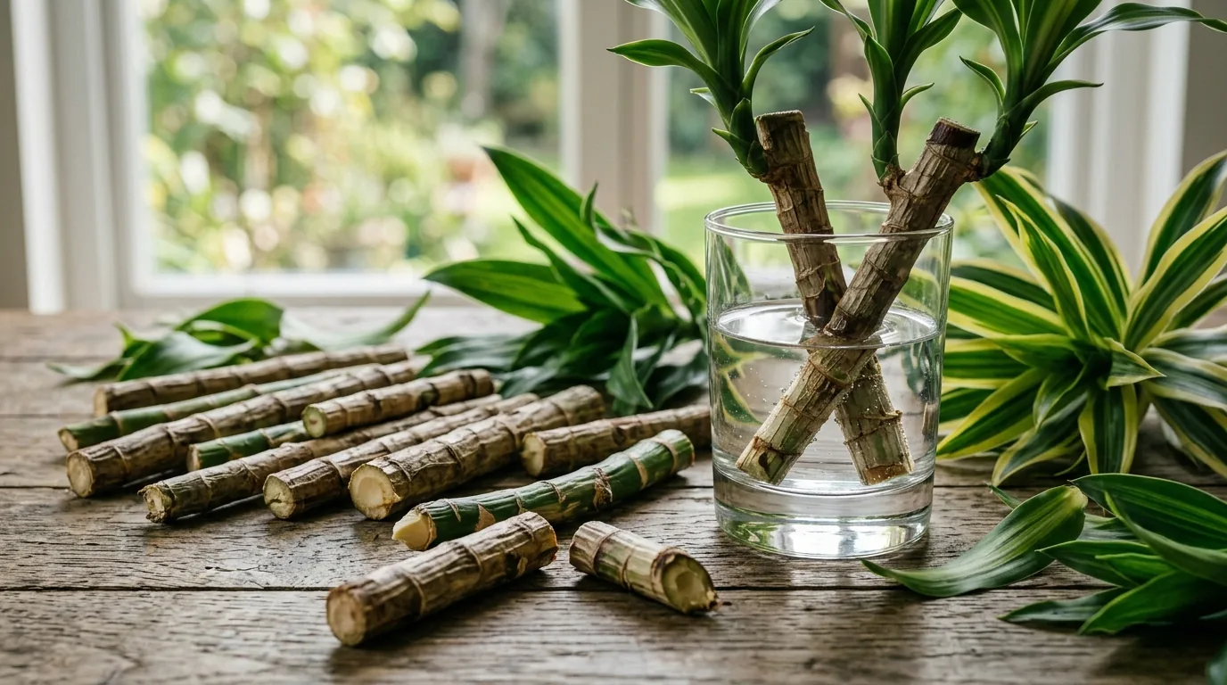 Estacas de caule de dracena cortadas em pedaços sobre a mesa, algumas na água