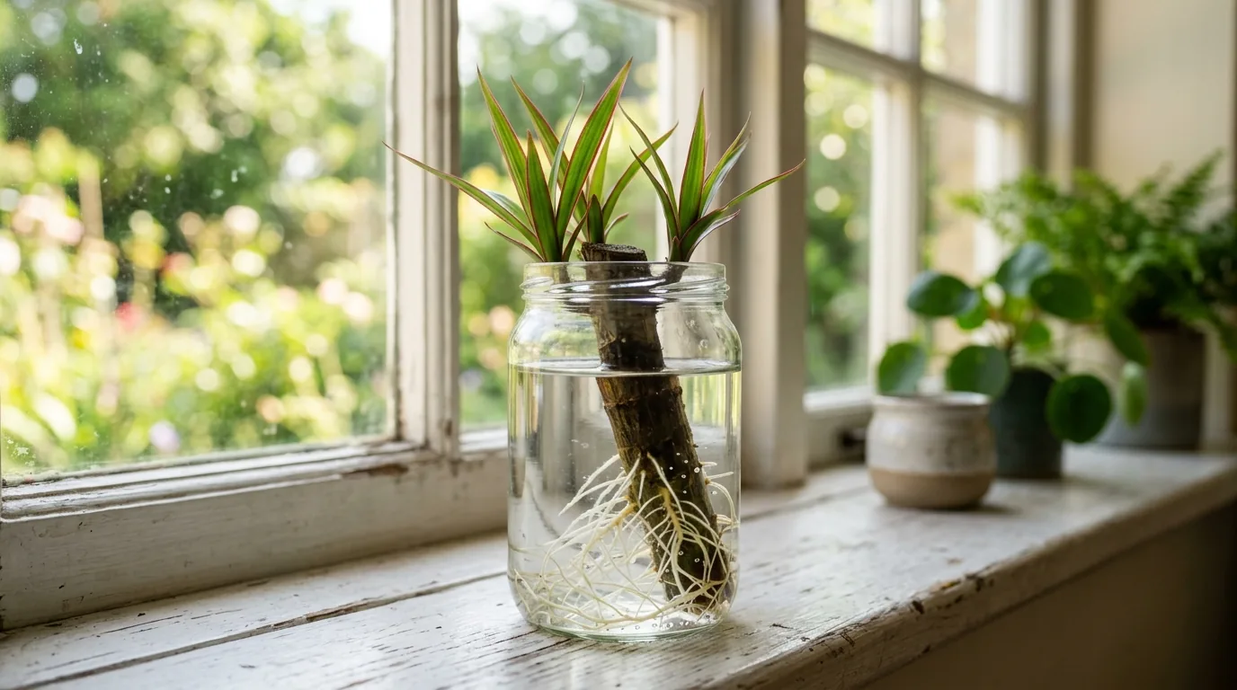 Estaca de dracena enraizando na água com raízes brancas e brotos de folha nova