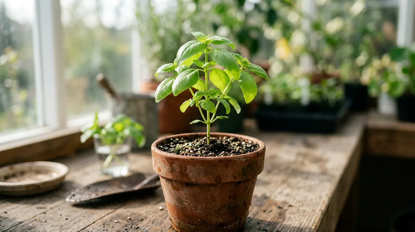 Muda de guiné plantada em vaso de terracota com folhas verdes sadias