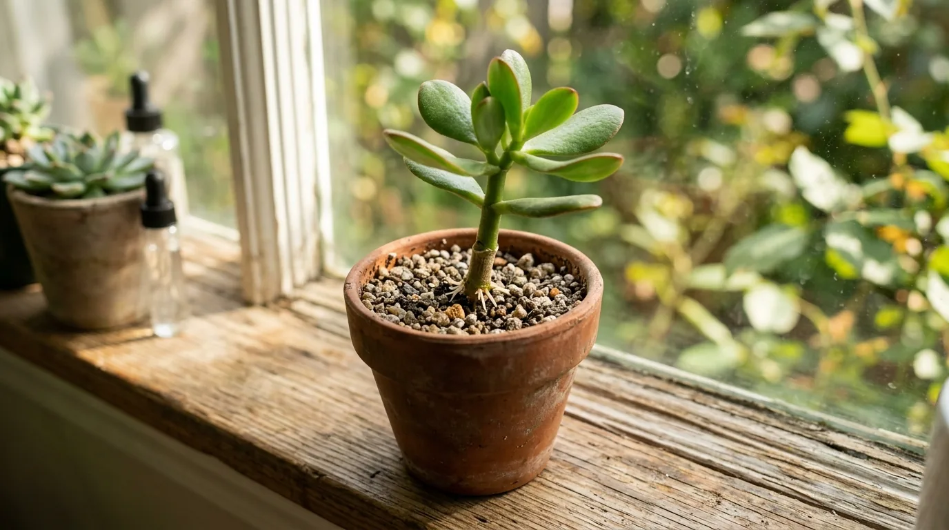 Muda de jade plantada em vaso de terracota com substrato drenante na janela