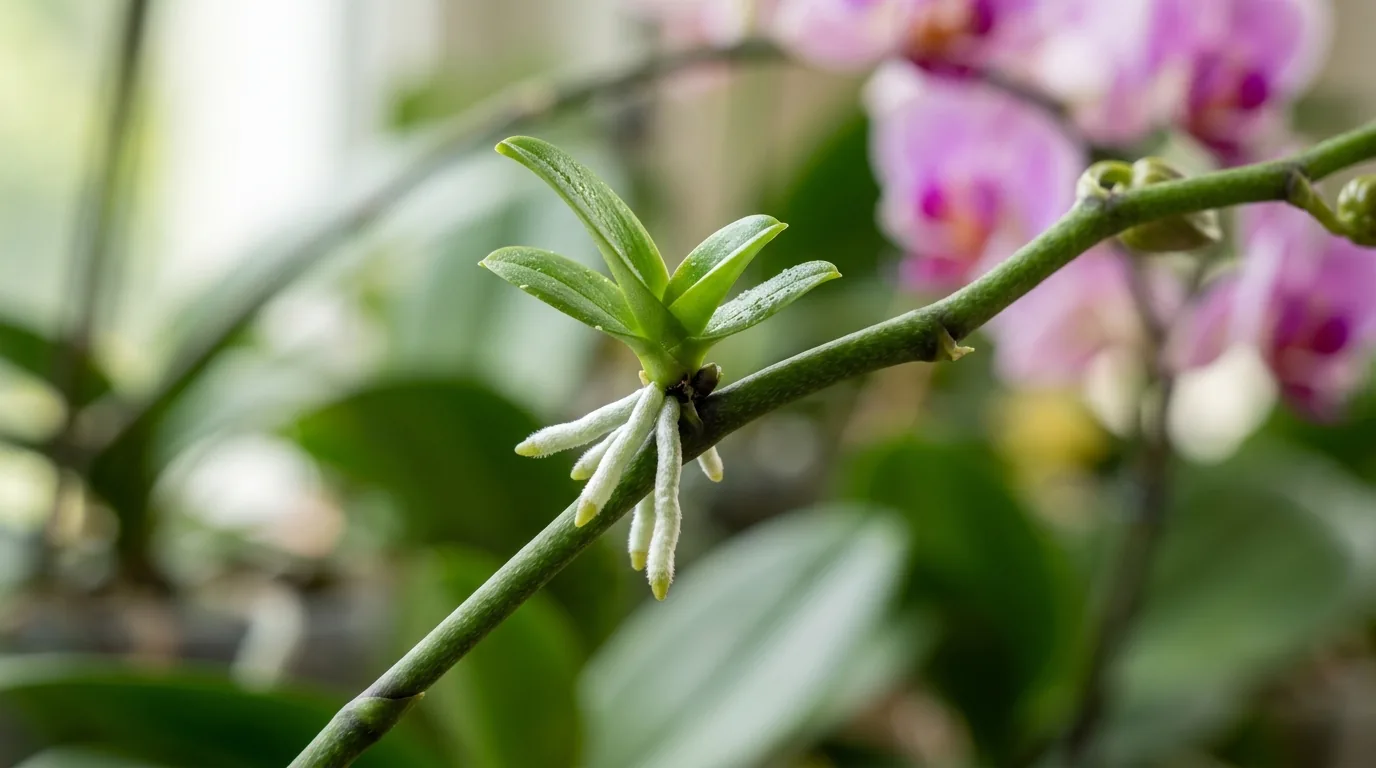 Keiki de orquídea, broto com pequenas raízes, crescendo na haste da Phalaenopsis