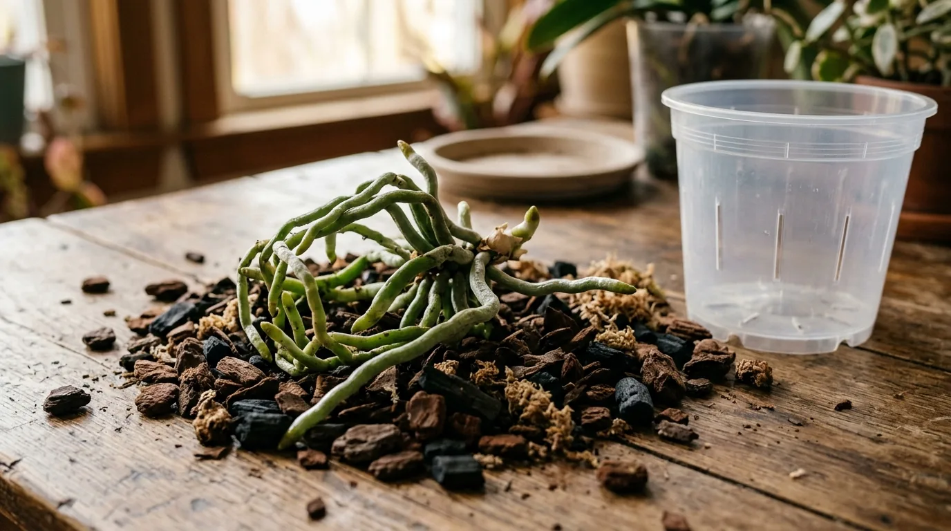 Raízes de orquídea e substrato de casca e carvão na mesa durante o replantio
