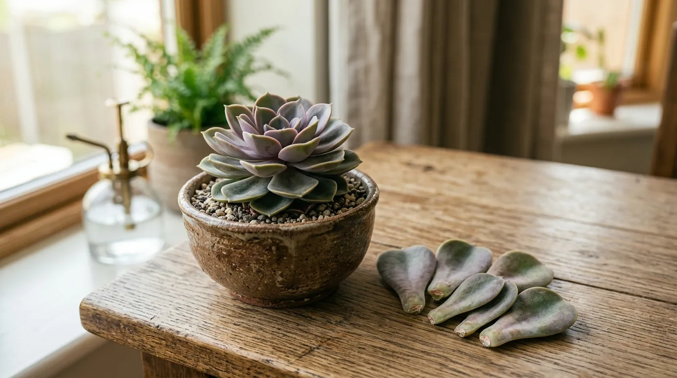 Suculenta echeveria no vaso com folhas destacadas ao lado, prontas para virar mudas