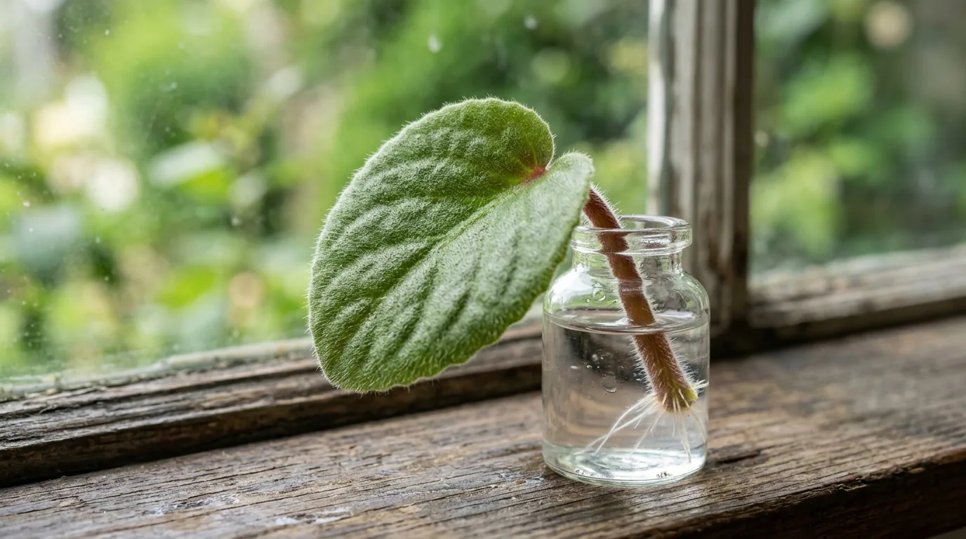 Folha de violeta africana com pecíolo dentro de um copo de água para enraizar