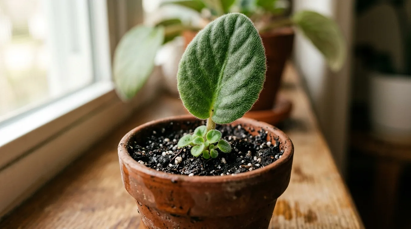 Folha de violeta plantada na terra com mudinhas nascendo na base