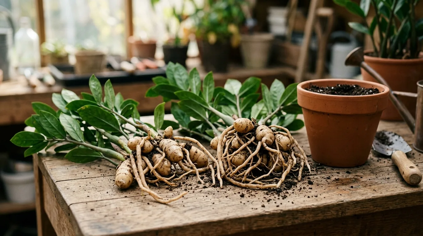 Rizomas de zamioculca divididos com raízes sobre a mesa, prontos para replantar