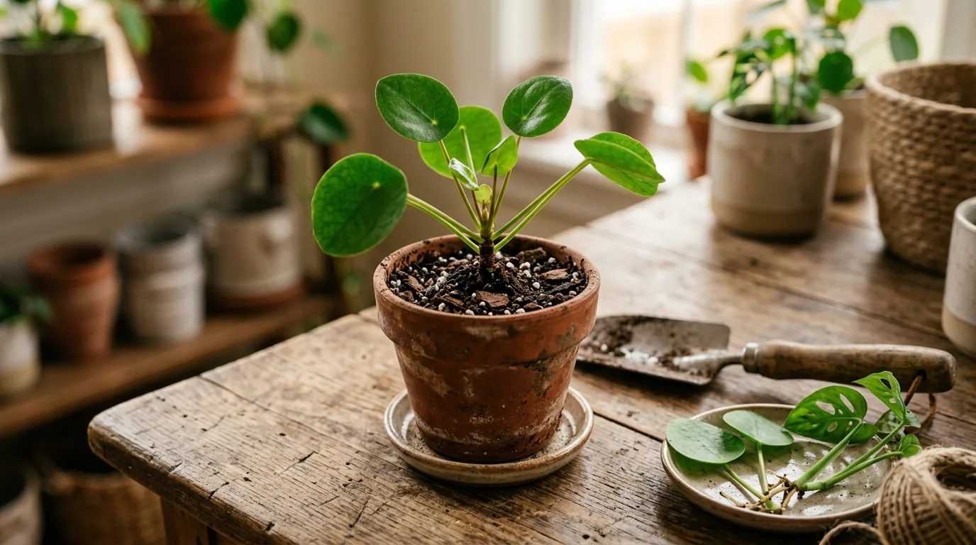 Estaca de planta recém plantada em substrato leve num vaso de terracota