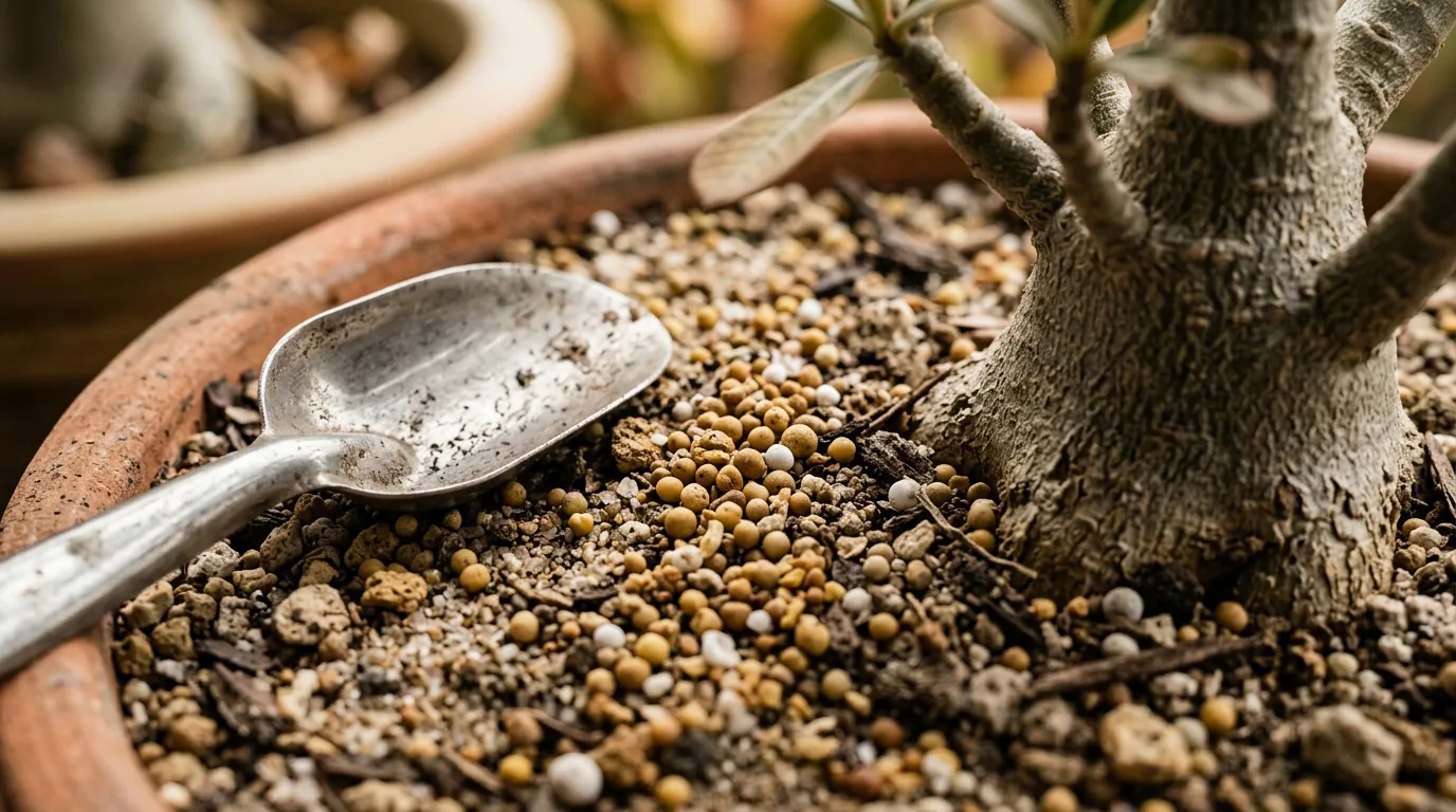 Adubo granular espalhado no substrato de um vaso de rosa do deserto, para estimular a flor