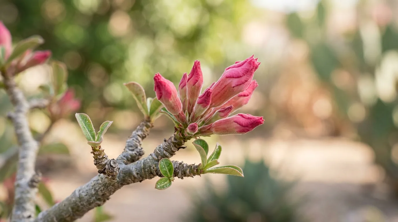 Botões de flor rosa se formando na ponta de um galho de rosa do deserto