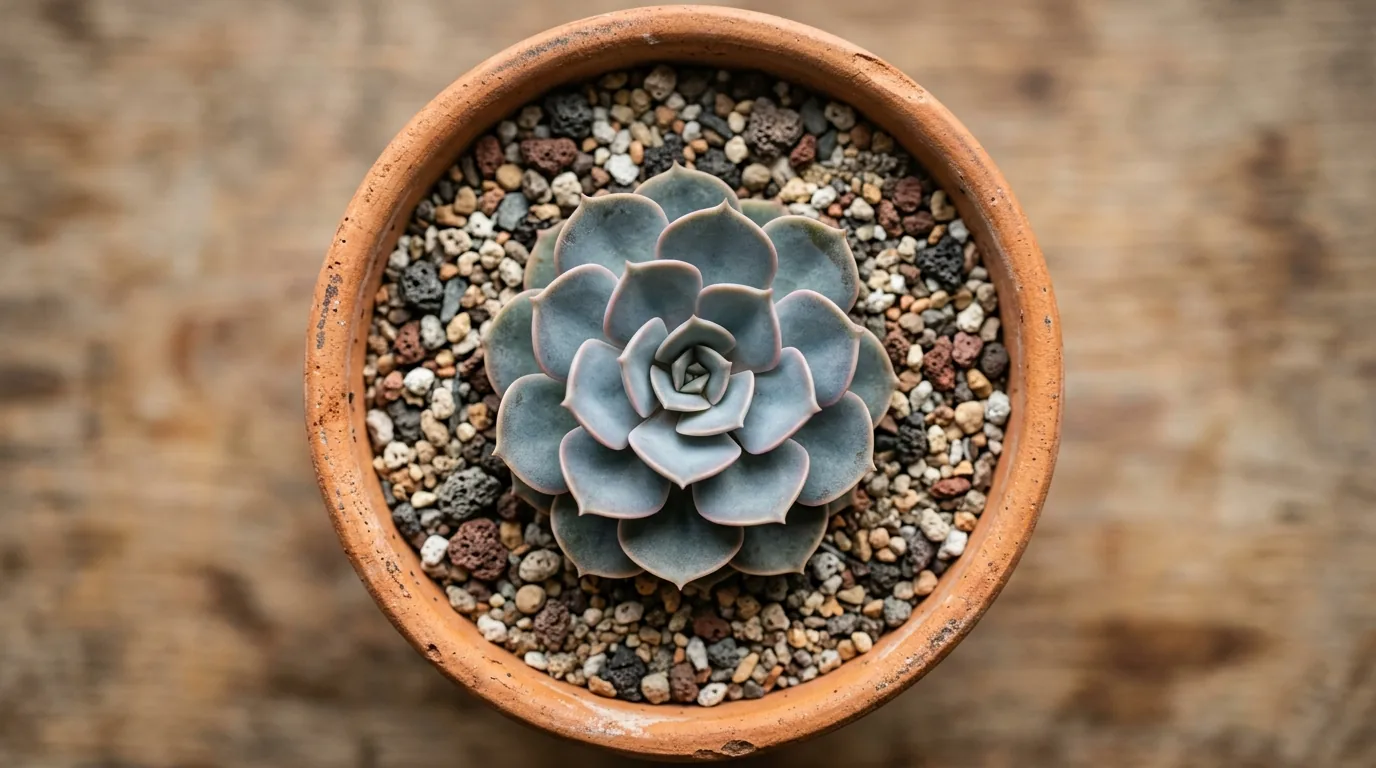 Suculenta echeveria acomodada em um vaso de terracota com substrato drenante, vista de cima
