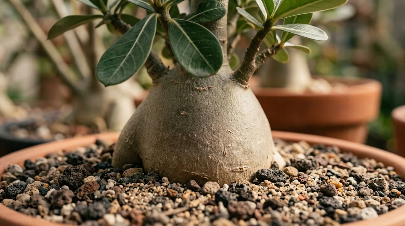 Caudex firme e saudável de uma rosa do deserto no substrato, sinal de rega equilibrada