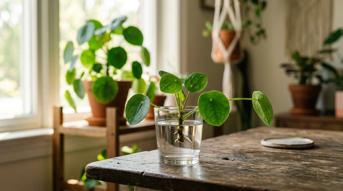 Muda recém-tirada dentro de um copo de água com a planta-mãe intacta ao fundo
