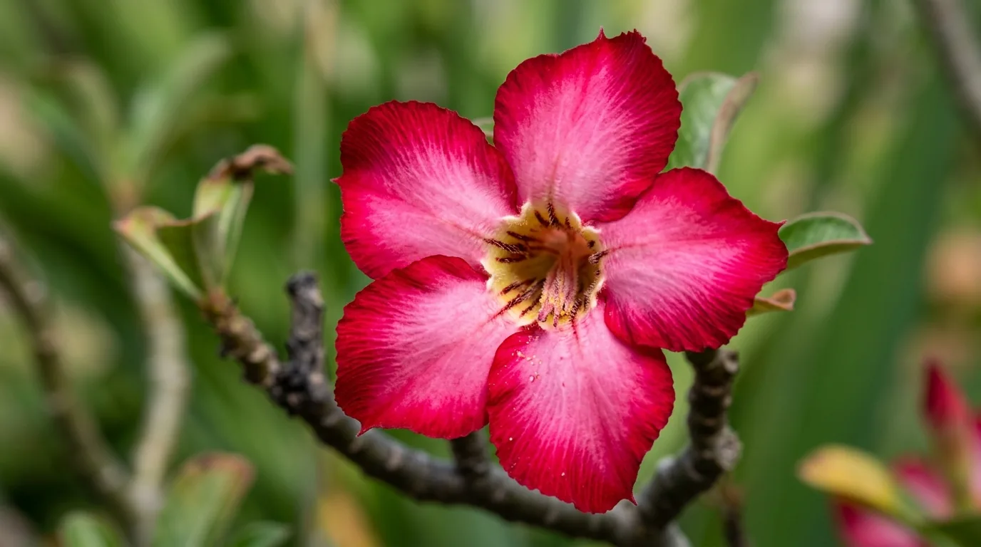 Flor de rosa do deserto rosa e vermelha em close, com o degradê das pétalas