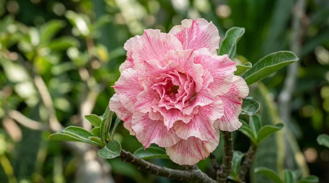 Flor dobrada de rosa do deserto francesinha com pétalas rosa em camadas