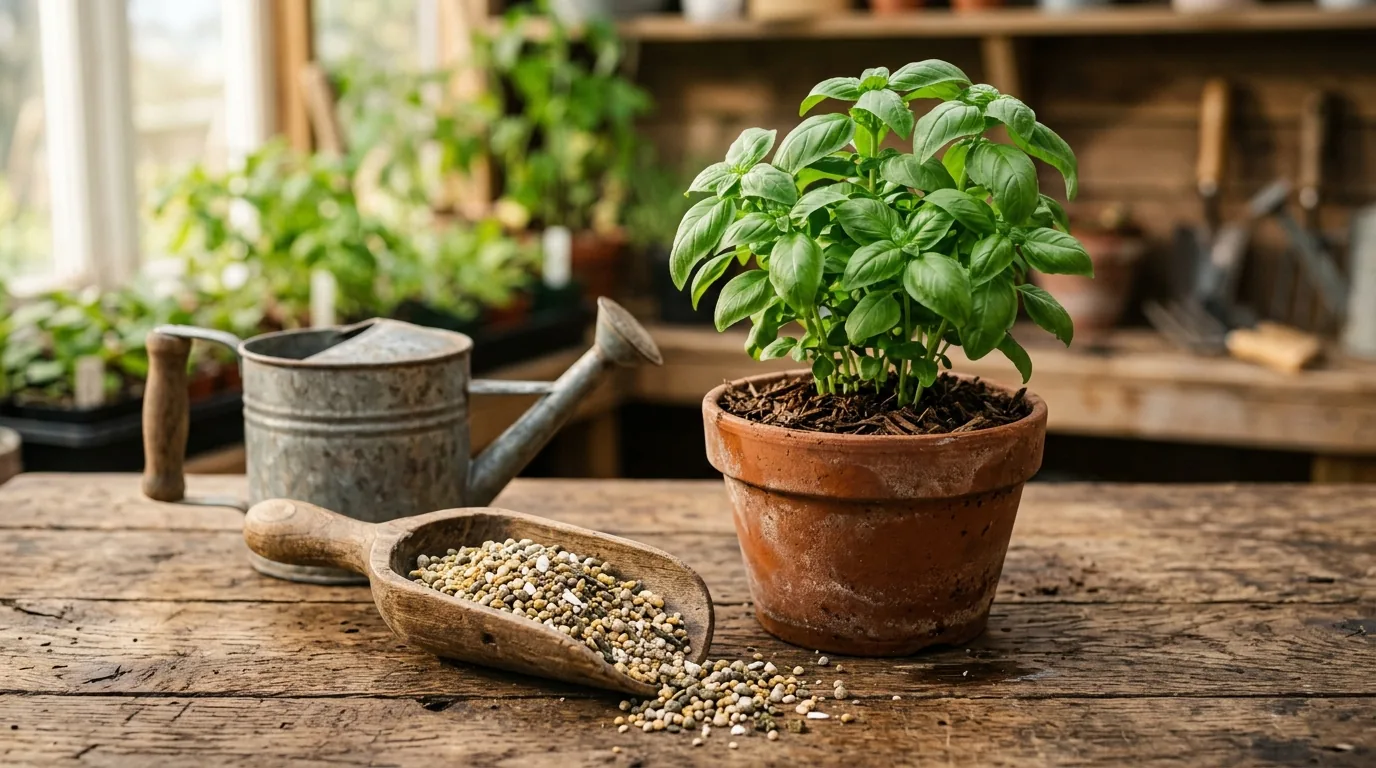 Concha de adubo granular ao lado de uma planta em vaso