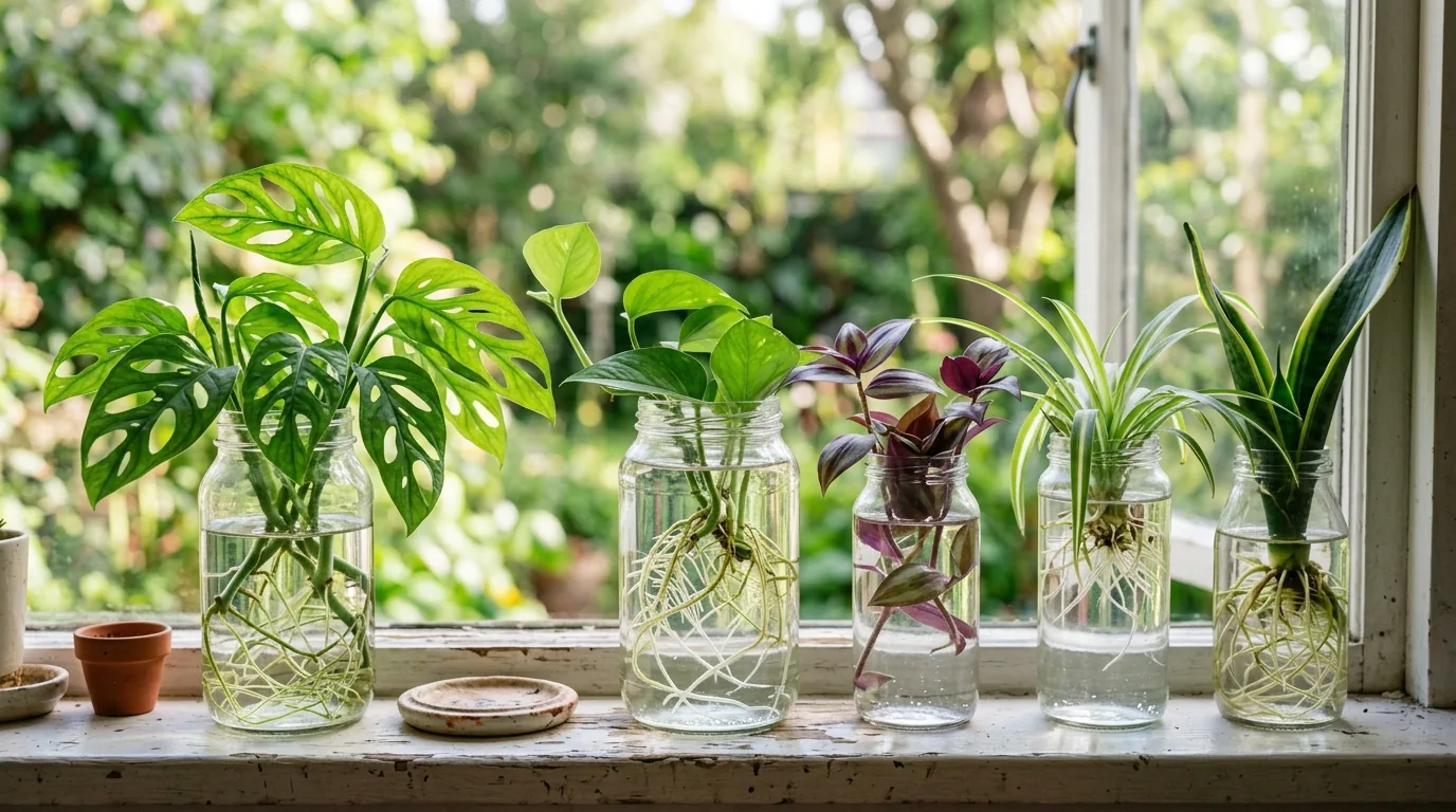 Estacas de plantas enraizando em potes de vidro com água