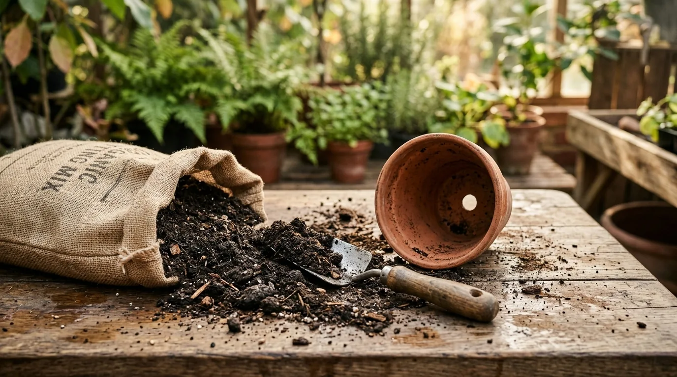 Saco de terra, vaso de terracota vazio e pá de jardim