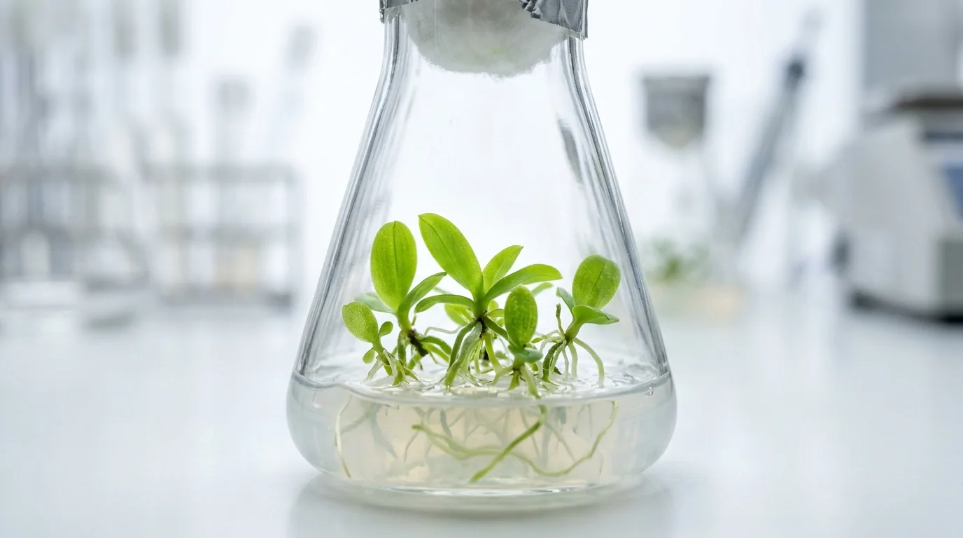 Mudinhas de orquídea com raízes brancas dentro de um frasco de laboratório com ágar