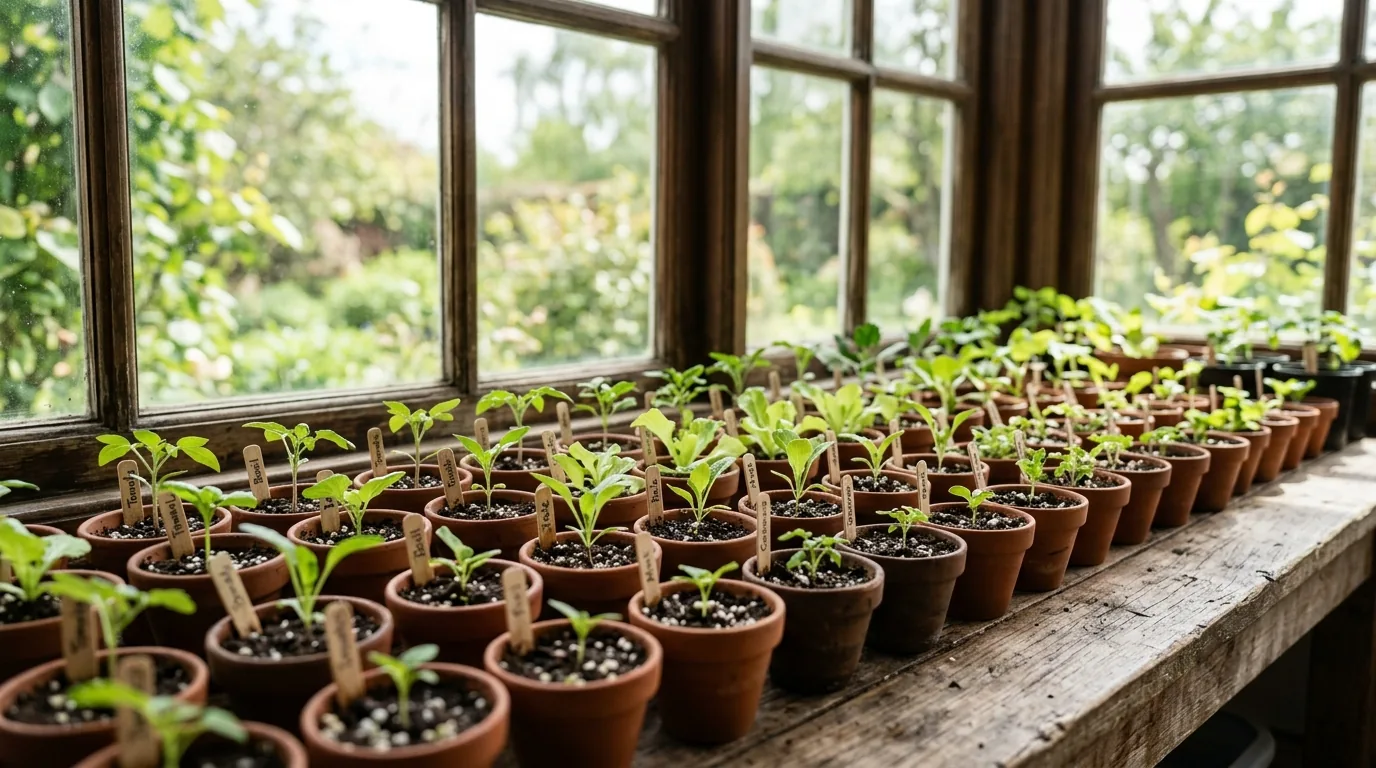 Fileiras de vasinhos com mudas de várias plantas alinhadas na mesa perto da janela