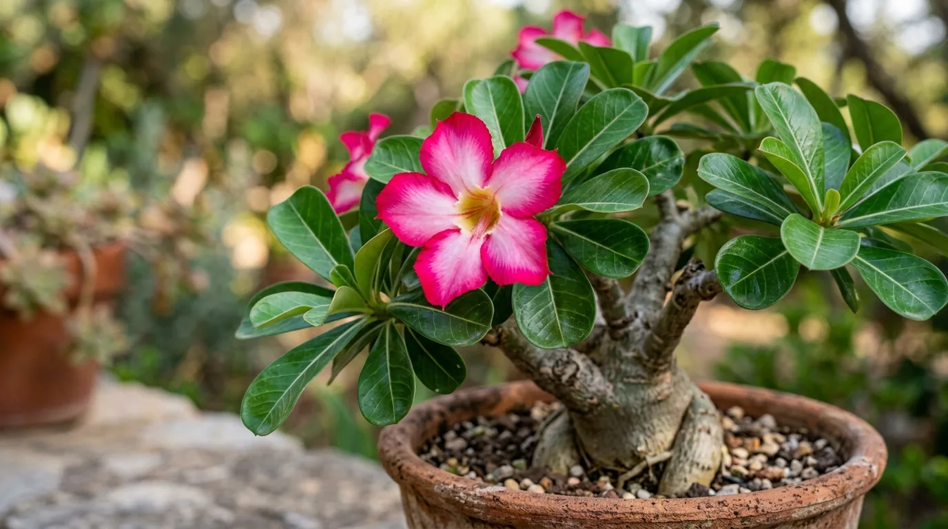 Rosa do deserto bem nutrida com folhas verdes brilhantes e flor rosa