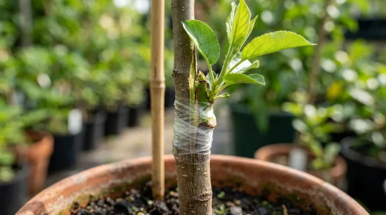 Enxerto de fenda envolto em fita no tronco de uma muda de fruteira, com folhas novas brotando