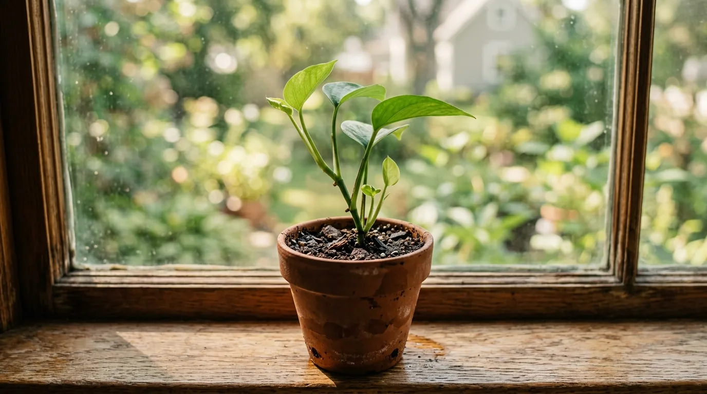 Estaca plantada em vaso de terracota na janela, começando a formar a muda
