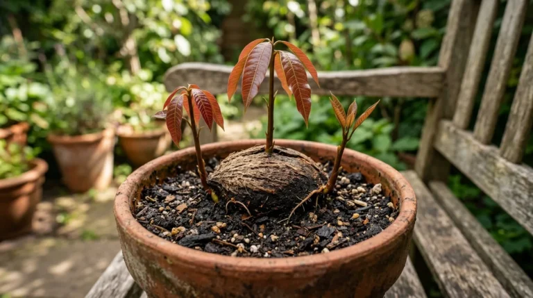 Caroço de manga no vaso com três mudas nascendo da mesma semente, exemplo de poliembrionia