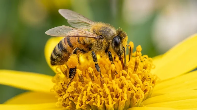 Abelha coletando pólen no centro de uma flor amarela, polinização na reprodução sexuada das plantas