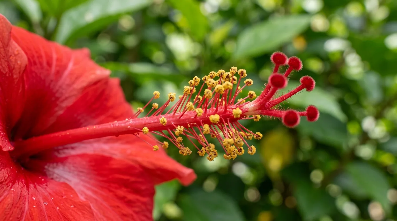 Flor de hibisco vermelho com a coluna de estames cheia de pólen e o pistilo em destaque