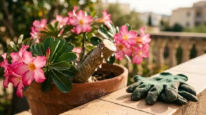 Galho de rosa do deserto recém-cortado com gotas de seiva branca e luvas de jardinagem ao lado do vaso