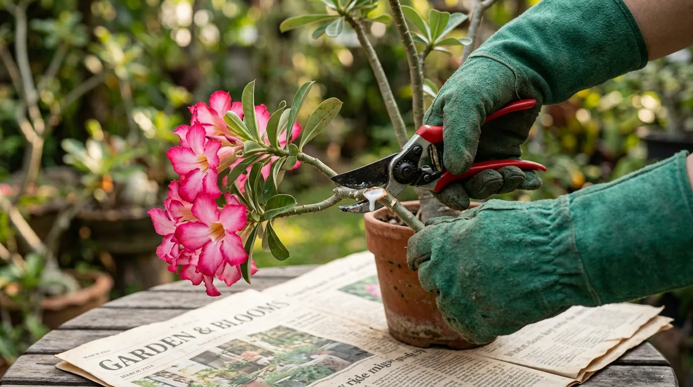 Mãos com luvas verdes podando uma rosa do deserto com tesoura de poda sobre jornal
