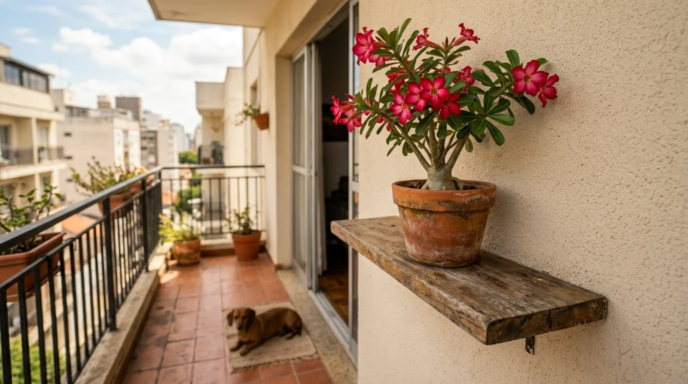 Rosa do deserto florida em prateleira alta na varanda, fora do alcance do cachorro deitado no chão