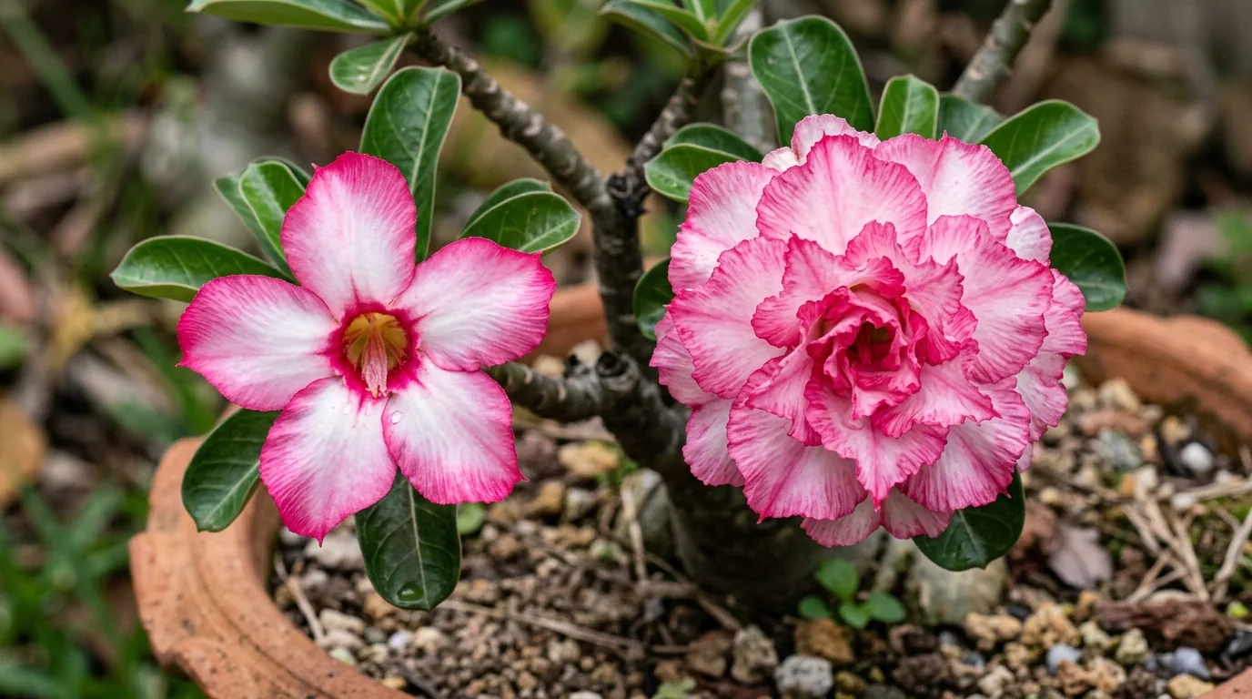Comparação entre flor simples e flor dobrada da rosa do deserto, lado a lado