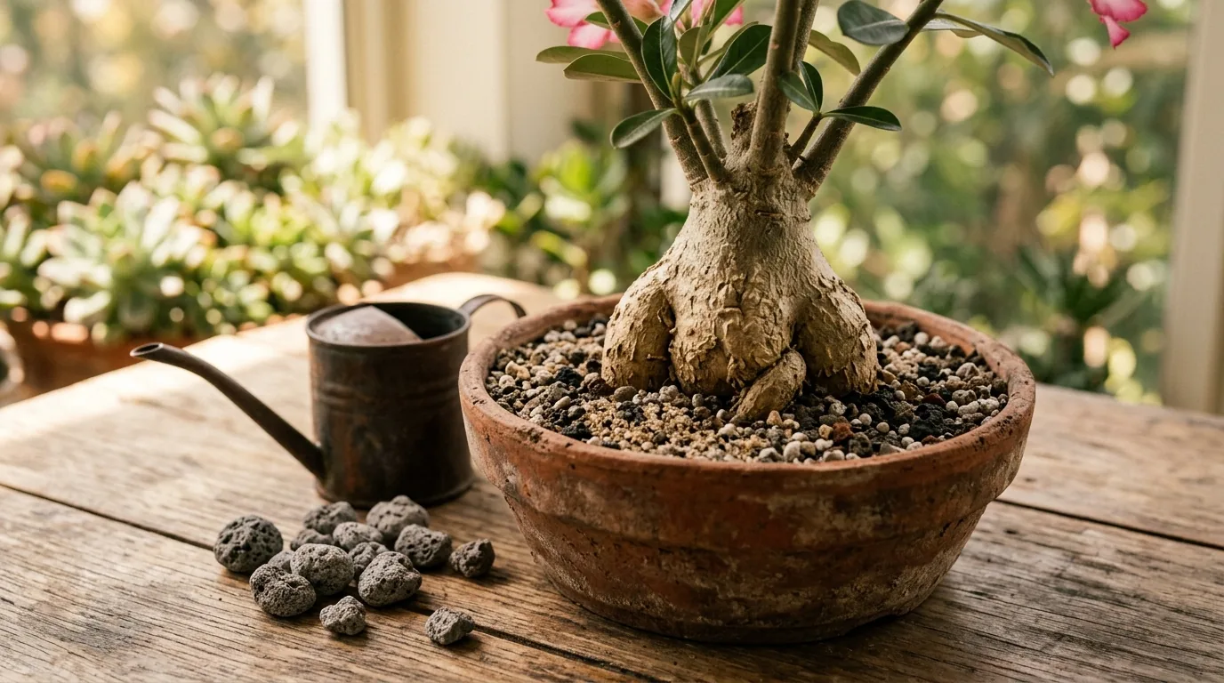Caudex da rosa do deserto em vaso com substrato drenante de areia e pedriscos