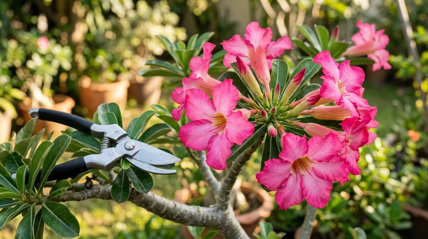 Flores rosa da rosa do deserto abertas com tesoura de poda apoiada no galho