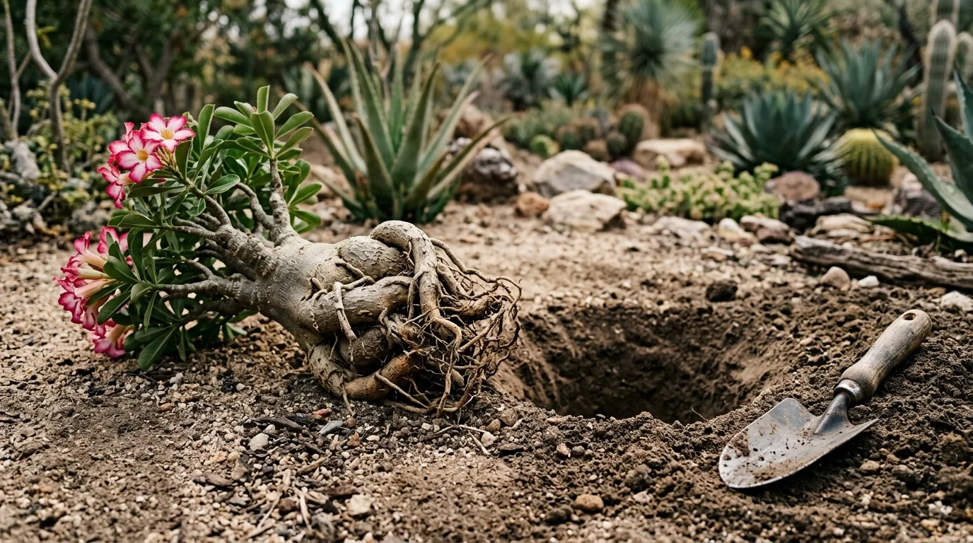 Rosa do deserto com o caudex e raízes à mostra ao lado da cova aberta no jardim