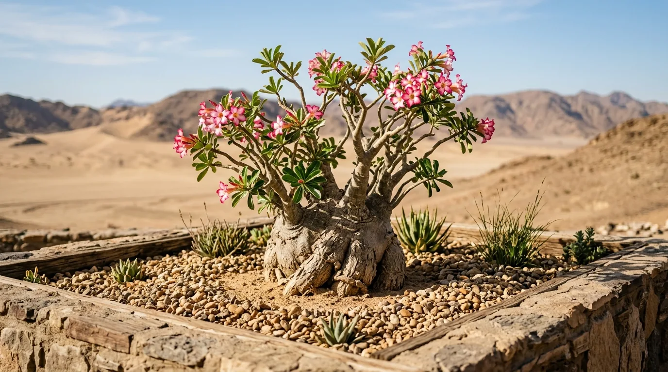 Rosa do deserto plantada em canteiro elevado arenoso com cascalho ao redor da base